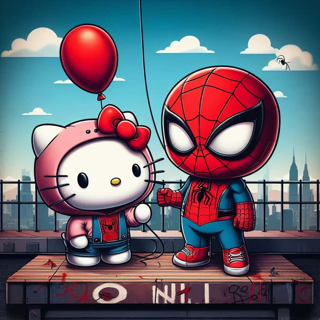 Hello Kitty Spiderman Rooftop Meeting Wallpaper