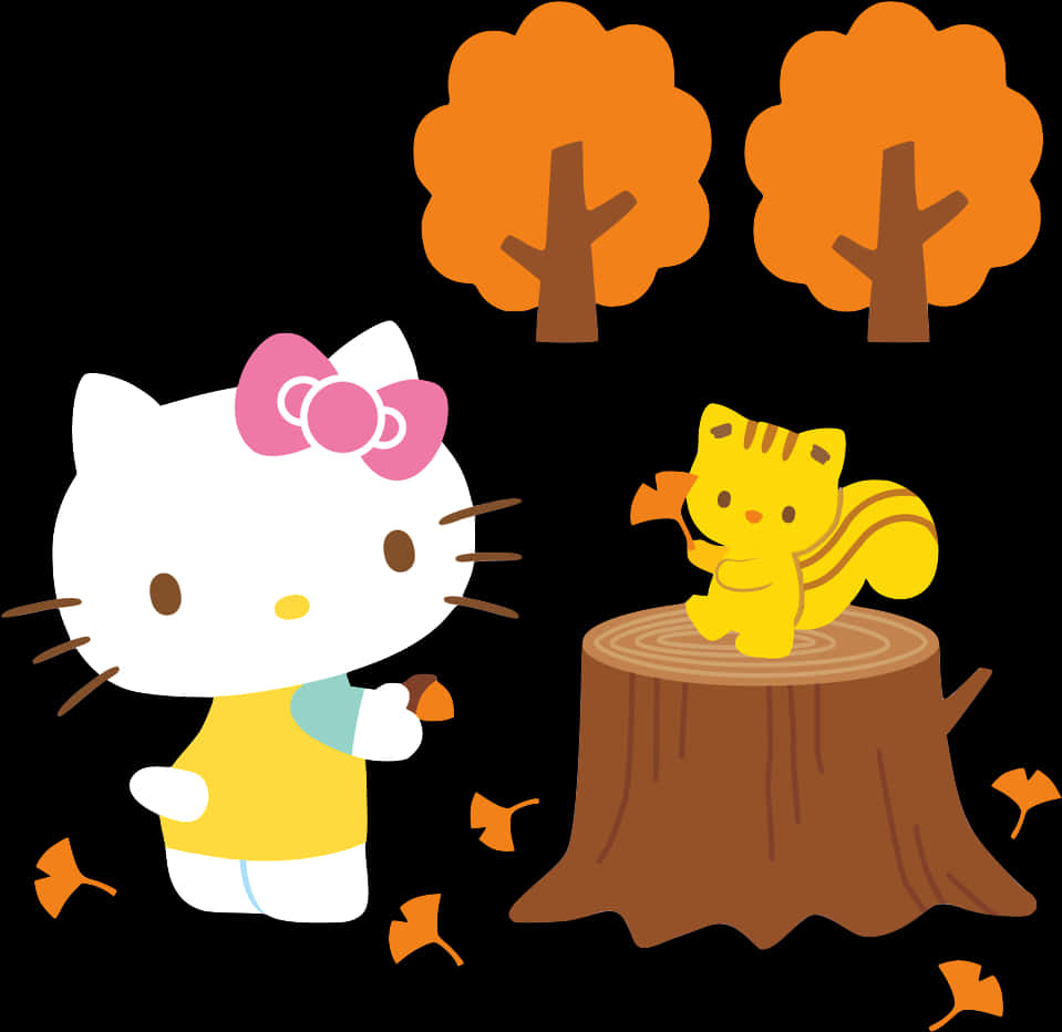Hello Kittyand Friend Autumn Scene PNG