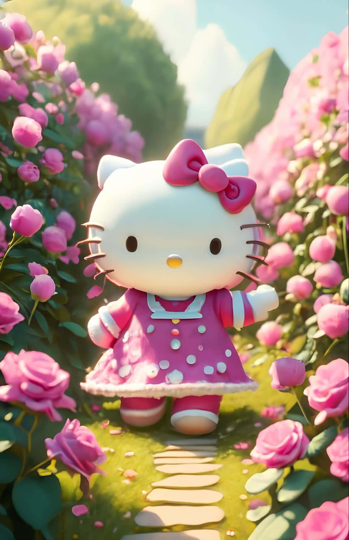 Hello Kittyin Rose Garden3 D Wallpaper