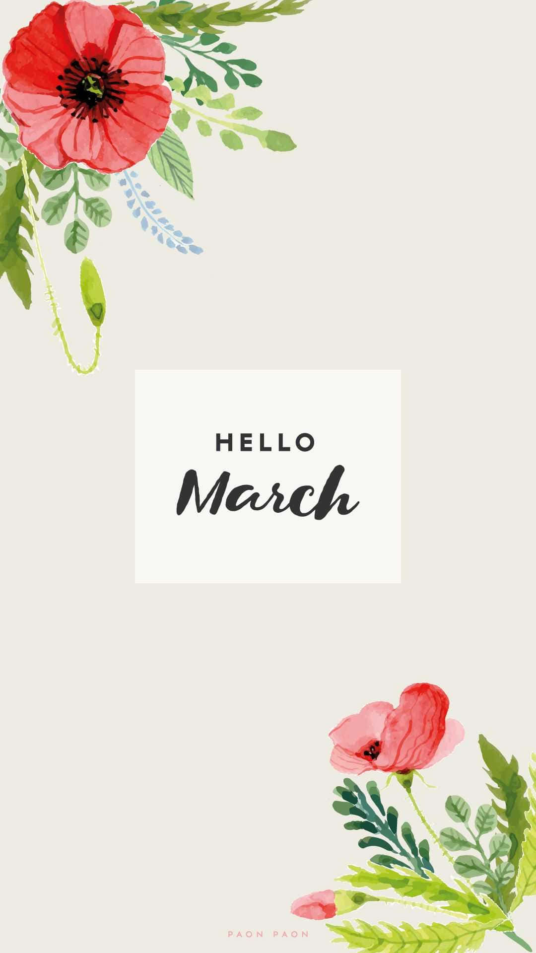 Hello March Red Flowers Border Wallpaper