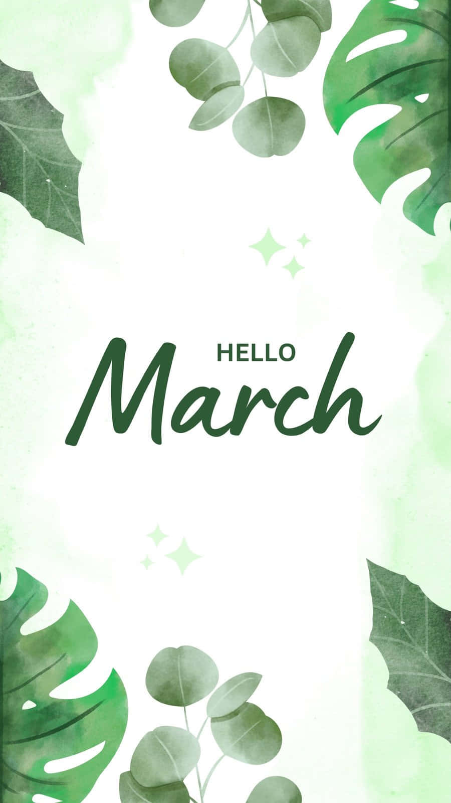 Hello March Green Leaves Aesthetic Wallpaper