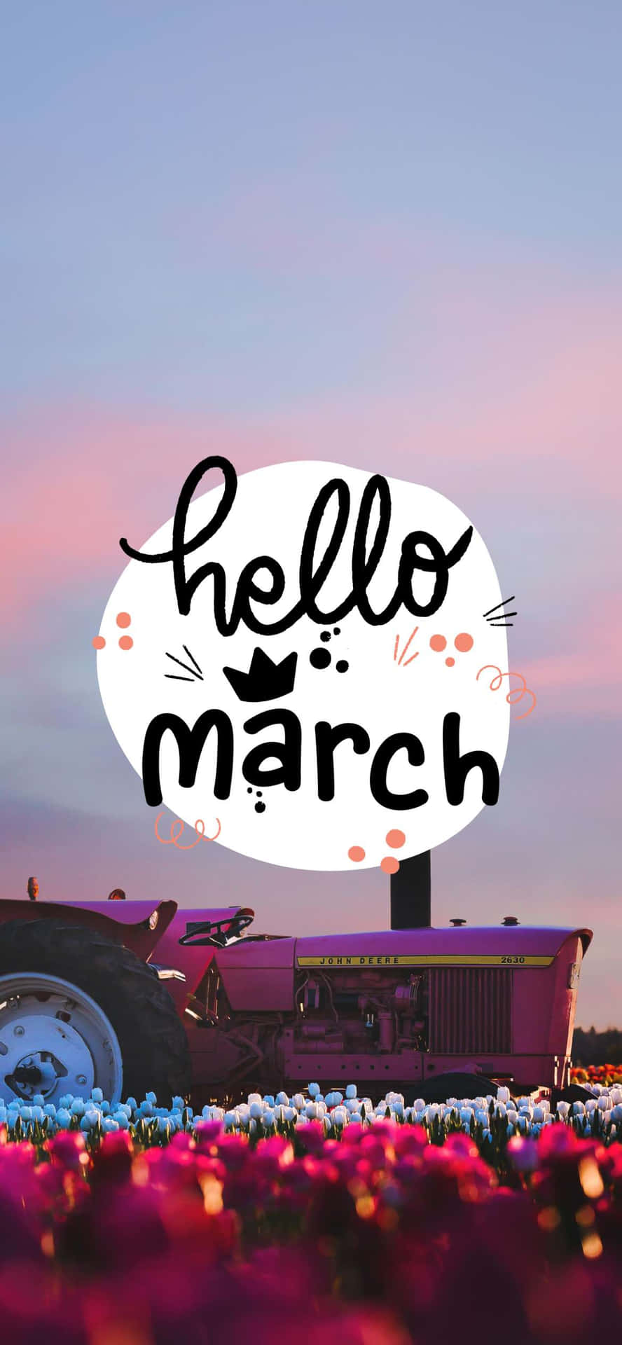 Hello March Red Tractor On Field Of Flowers Wallpaper