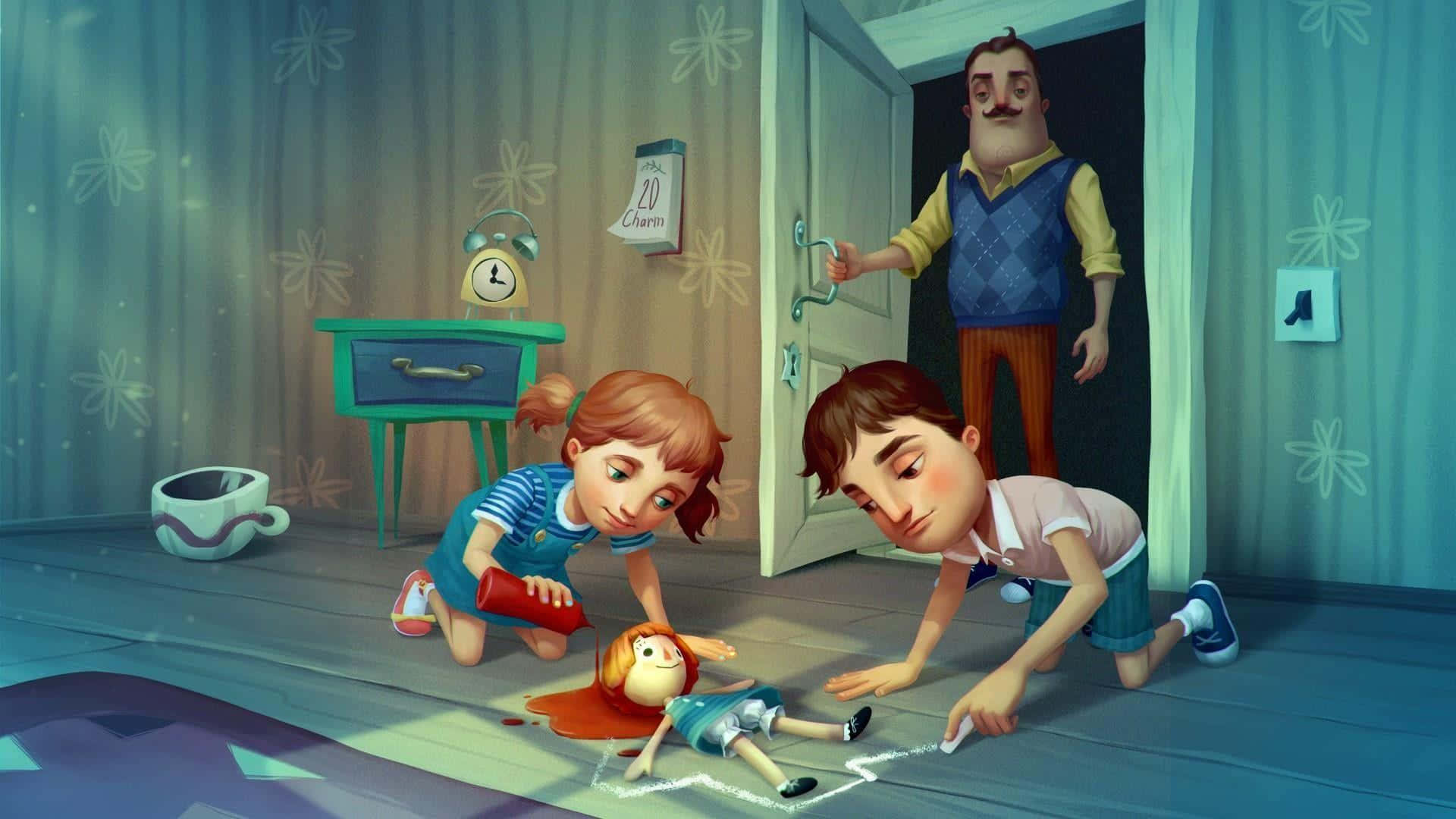 En tegning af en familie i et værelse med et dukkehus. Wallpaper