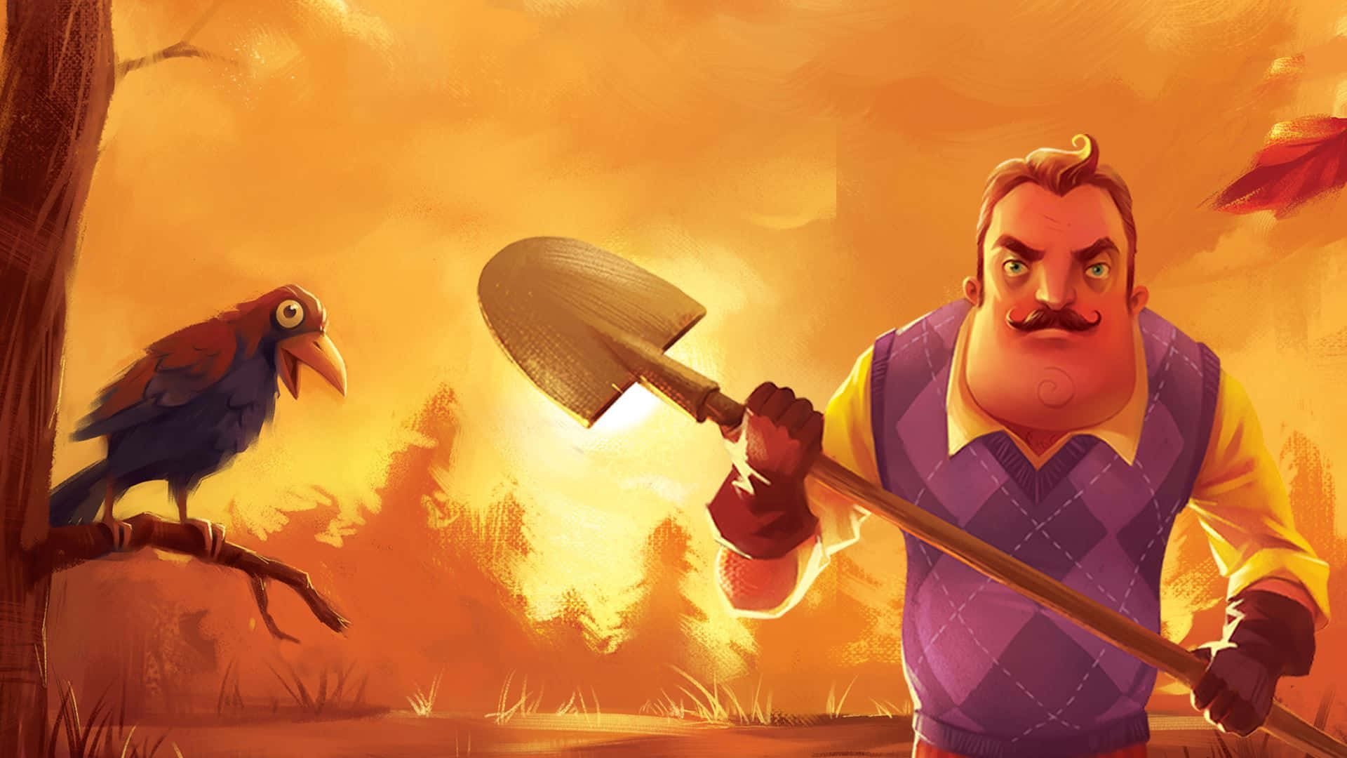 A Man With A Shovel And A Bird In The Forest Wallpaper