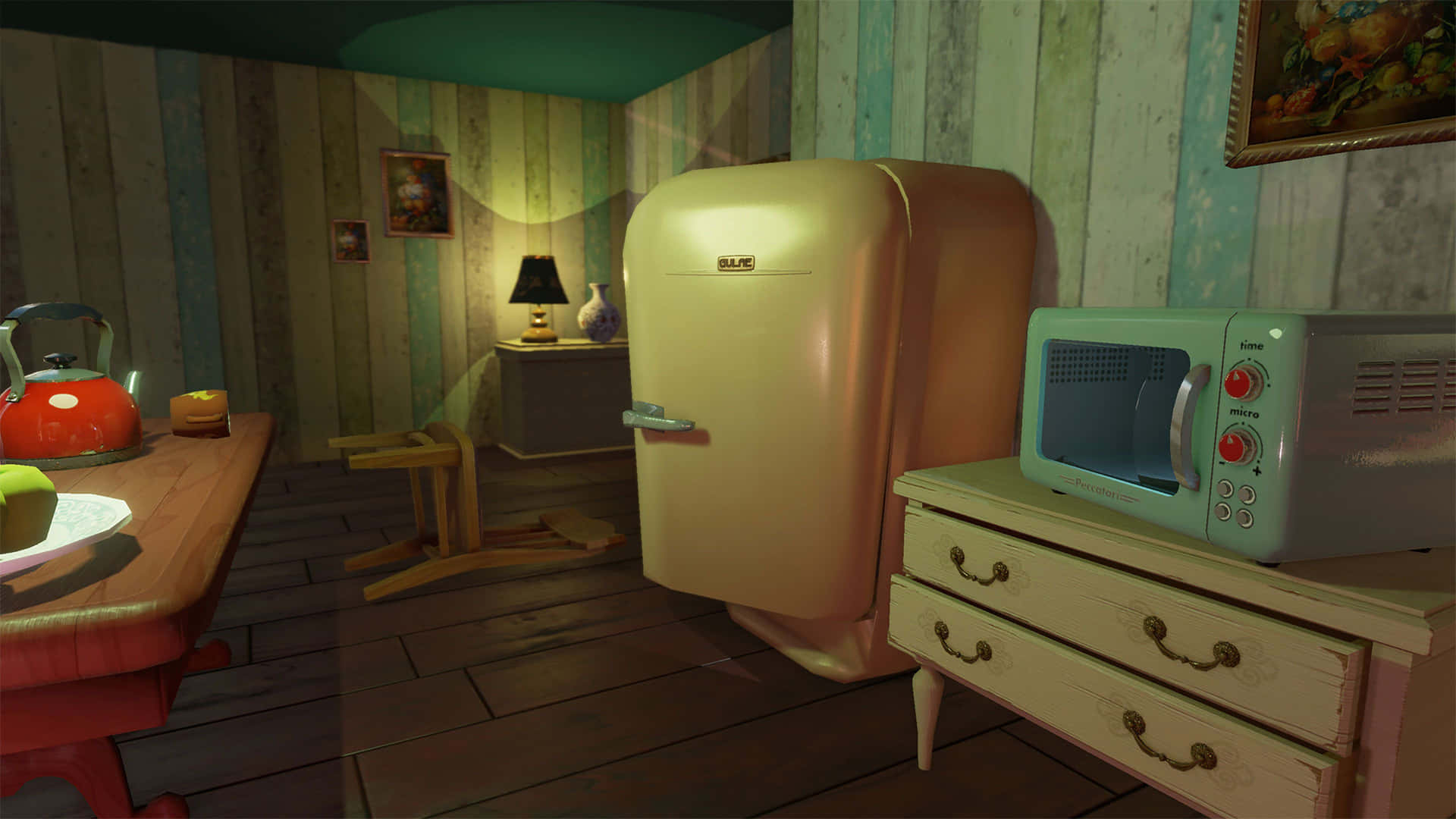 A Room With A Refrigerator And A Stove Wallpaper