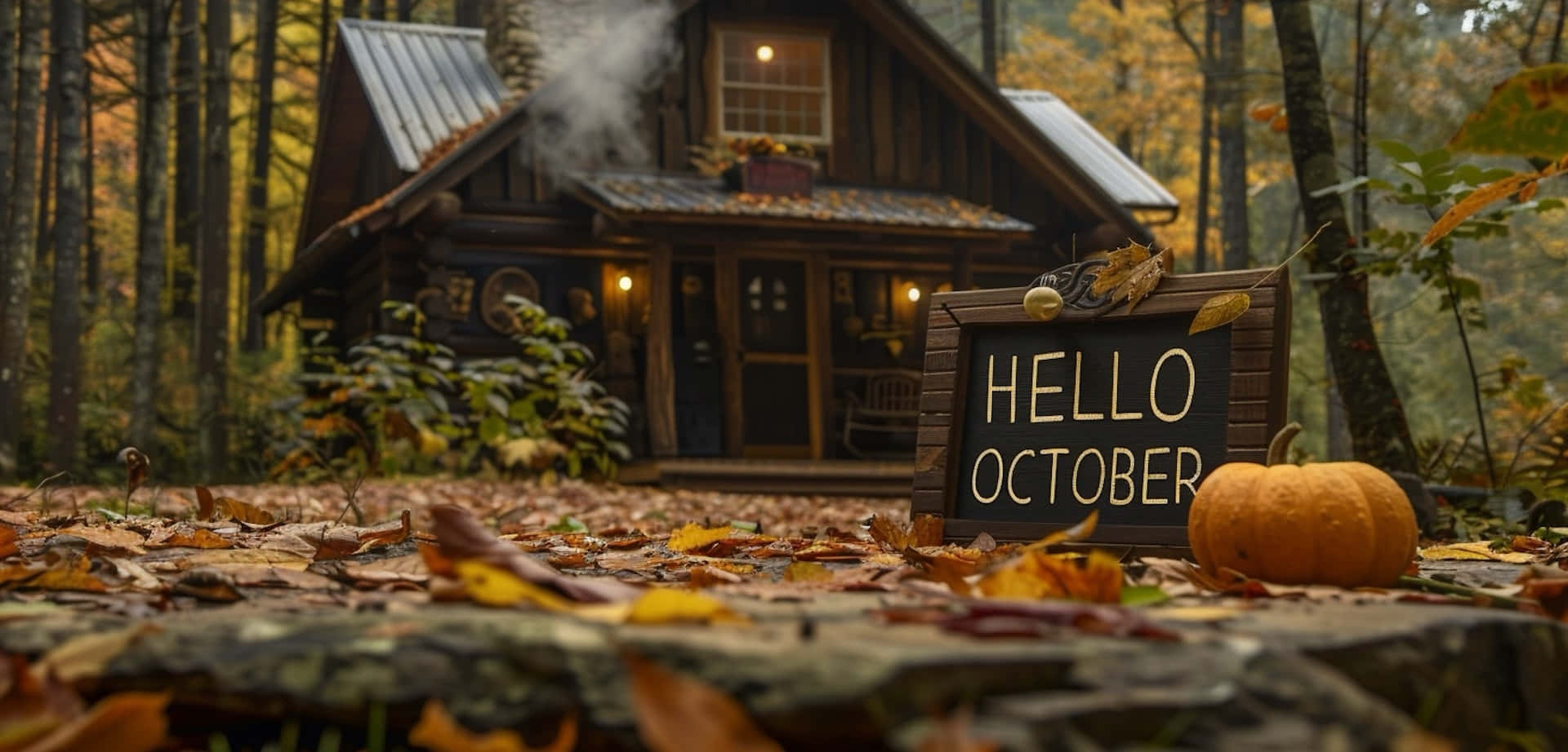 Hello October Cabin Scene Wallpaper