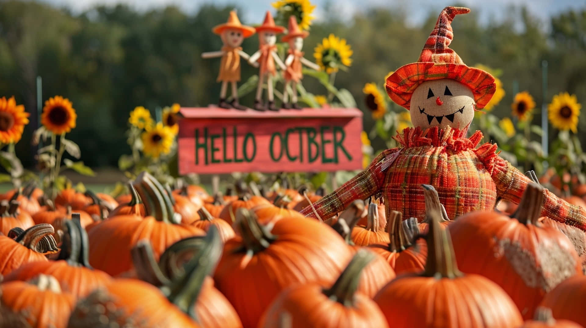 Hello October Pumpkin Patch Scarecrow Wallpaper