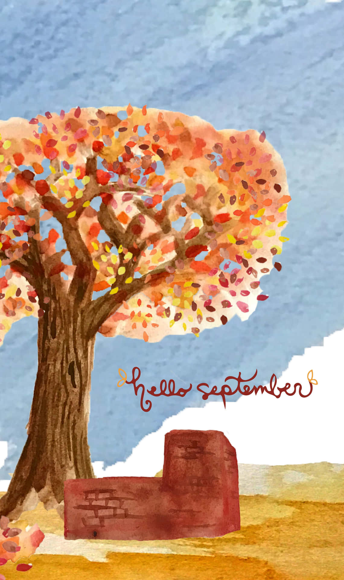 Autumn Tree With Hello September Greeting Wallpaper