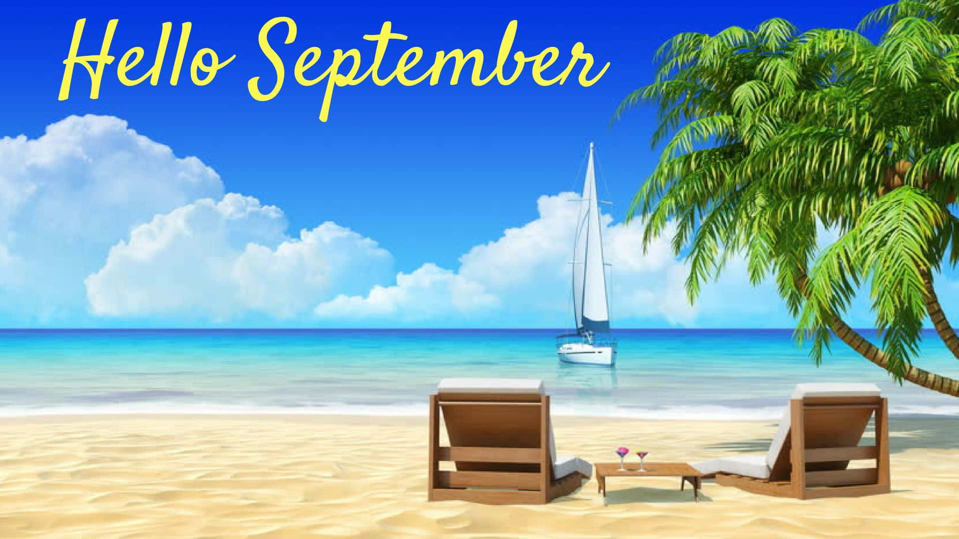 Hello September Greeting Animated Beach Wallpaper