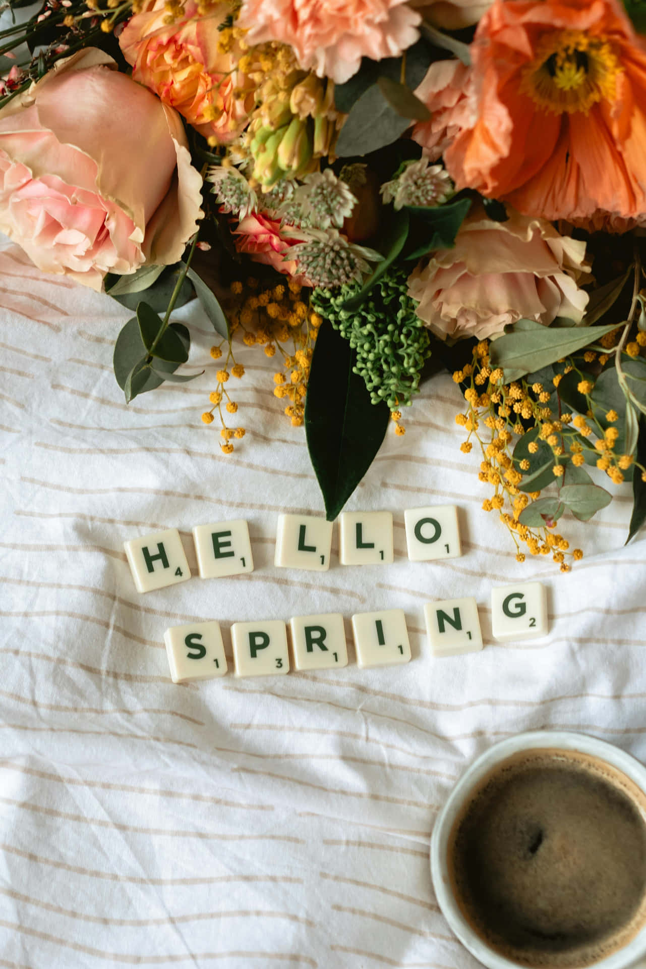 Hello Spring Floral Arrangement Coffee Wallpaper