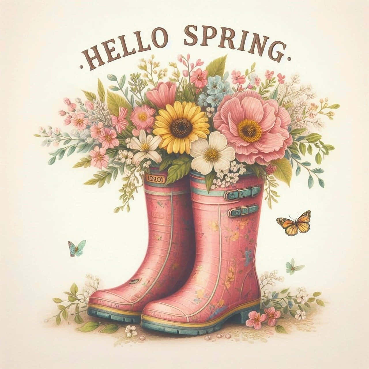 Hello Spring Floral Boots Wallpaper