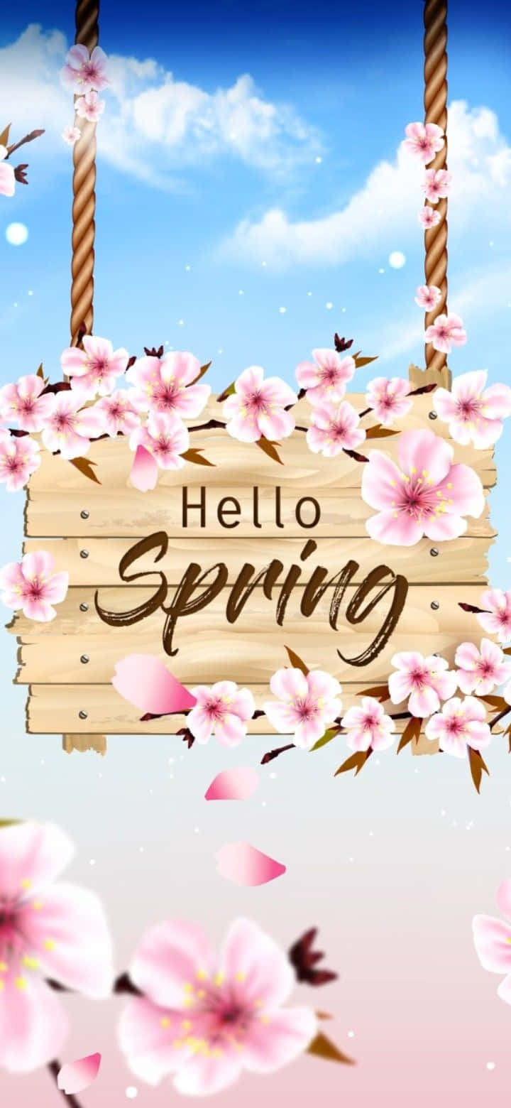 Hello Spring Floral Wooden Sign Wallpaper