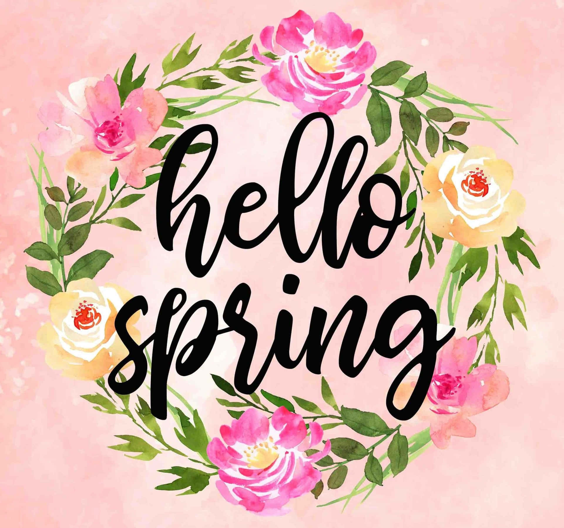Hello Spring Floral Wreath Wallpaper