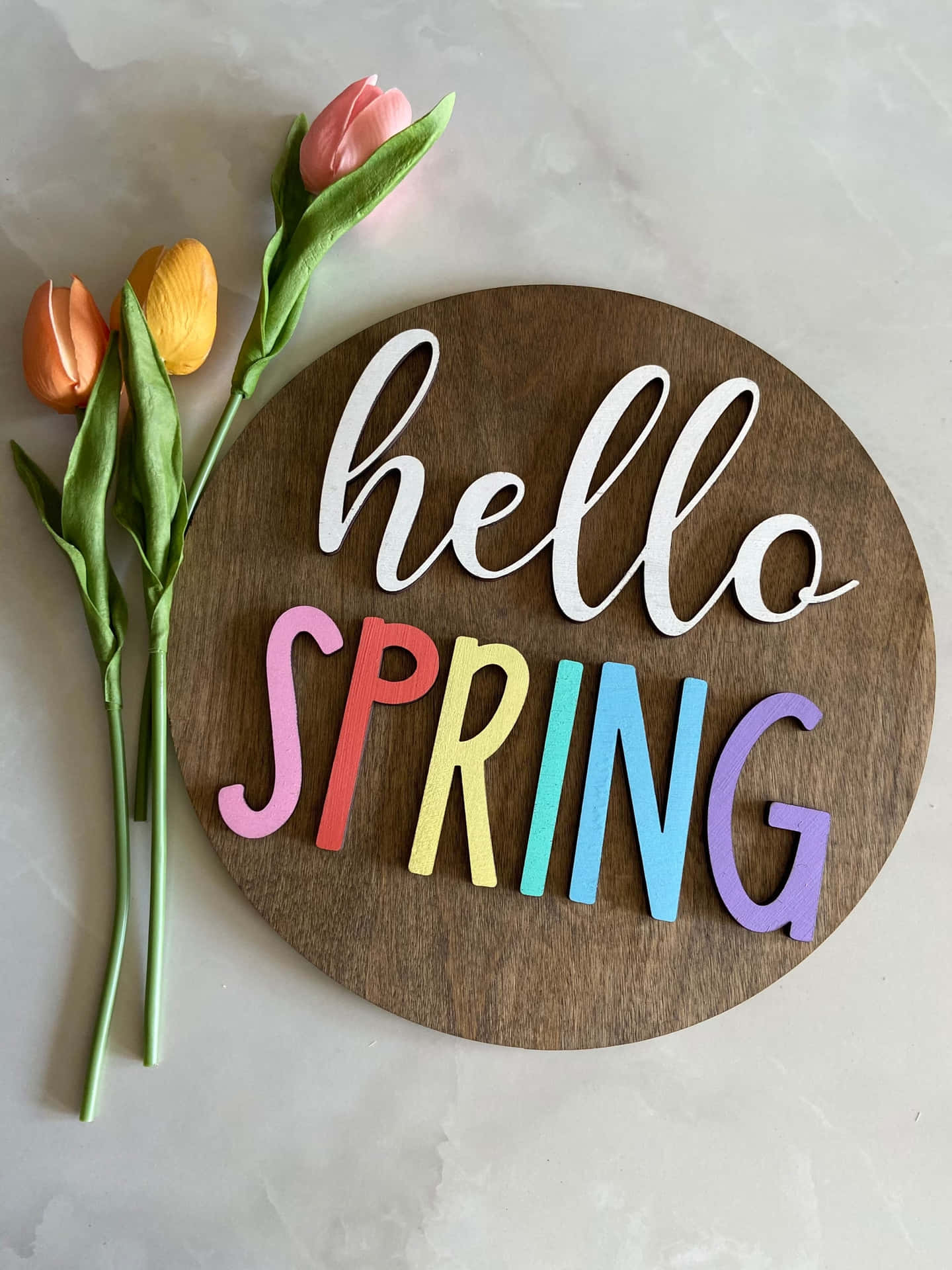 Hello Spring Wooden Signwith Tulips Wallpaper