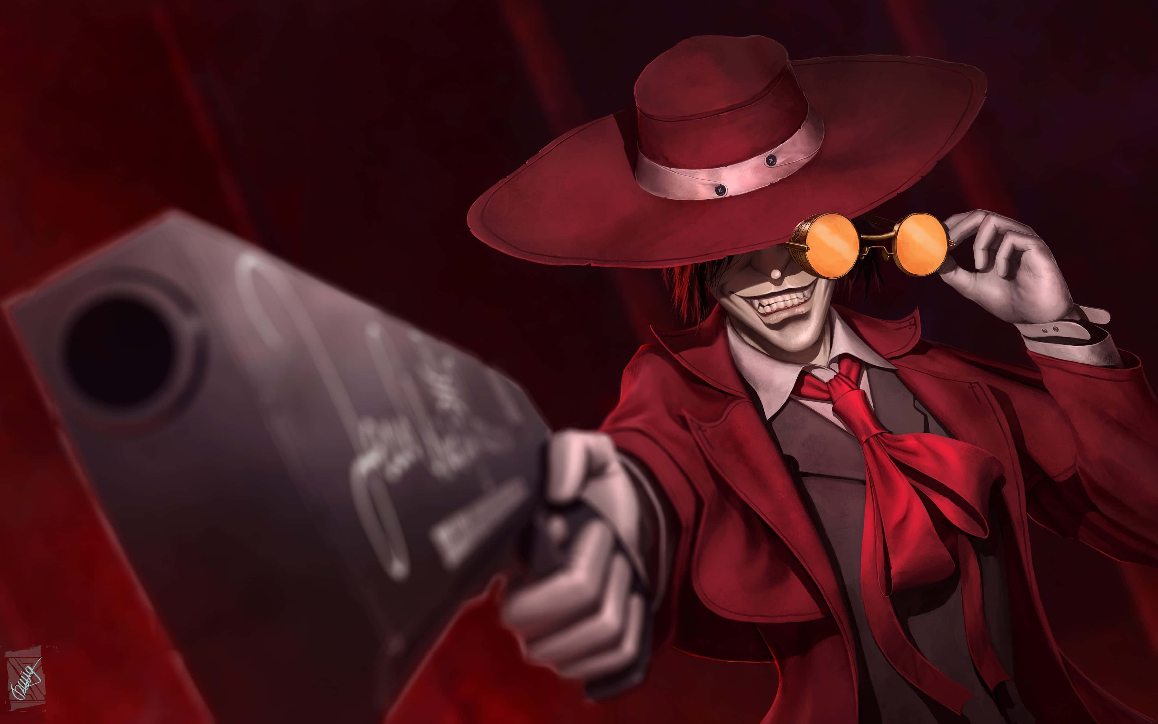 Hellsing Ultimate 4K Wallpaper — A sinister anime character in a red coat and wide-brimmed hat holds a gun while adjusting orange glasses against a dark red backdrop.