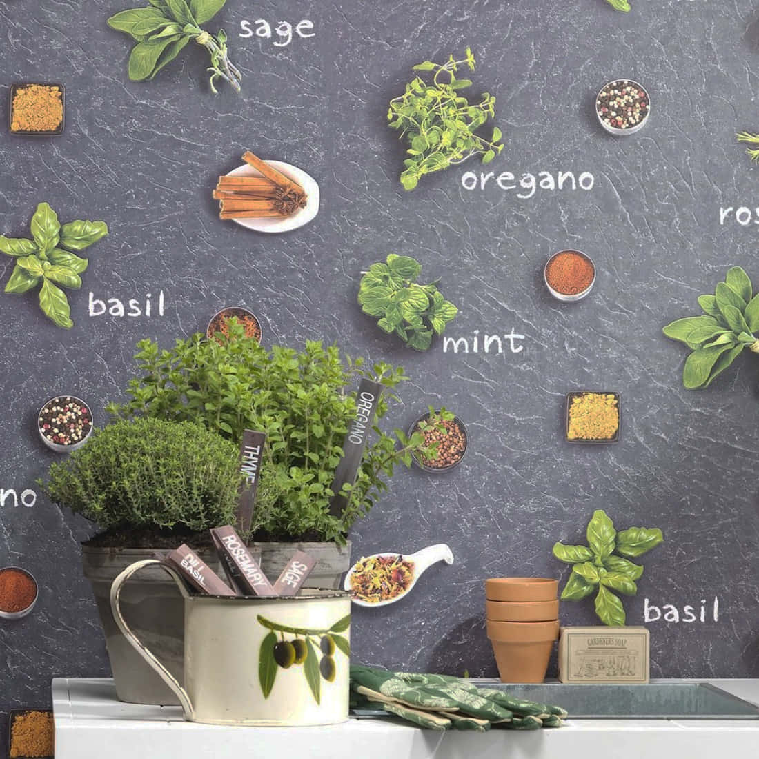 Herbs And Spices On Vase And Sink Wallpaper