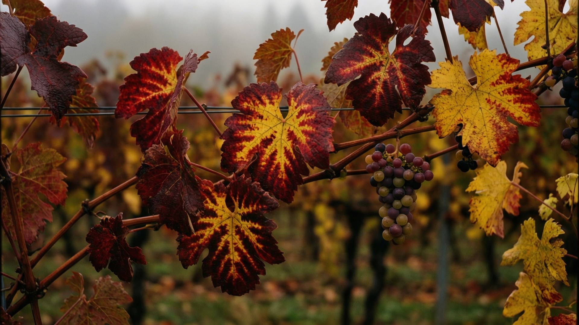 Autumn Grapevine Wallpaper — Vibrant autumn leaves with red yellow and orange hues frame clusters of purple grapes on a vineyard trellis.