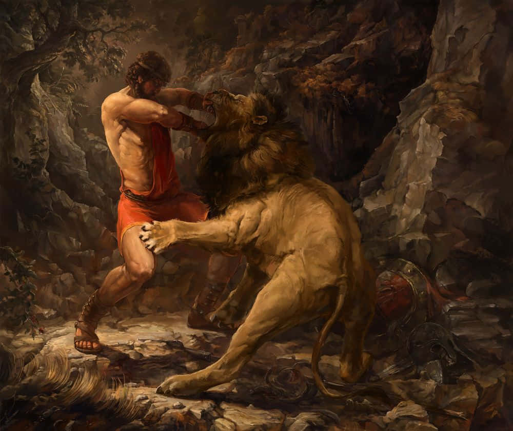 Eingemälde Von Einem Mann, Der Gegen Einen Löwen Kämpft