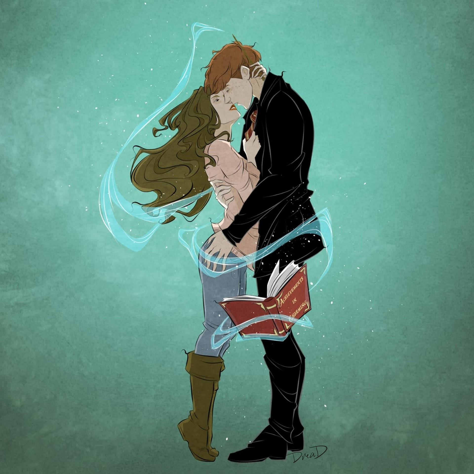 Hermione Granger shares a romantic kiss with Ron Weasley Wallpaper