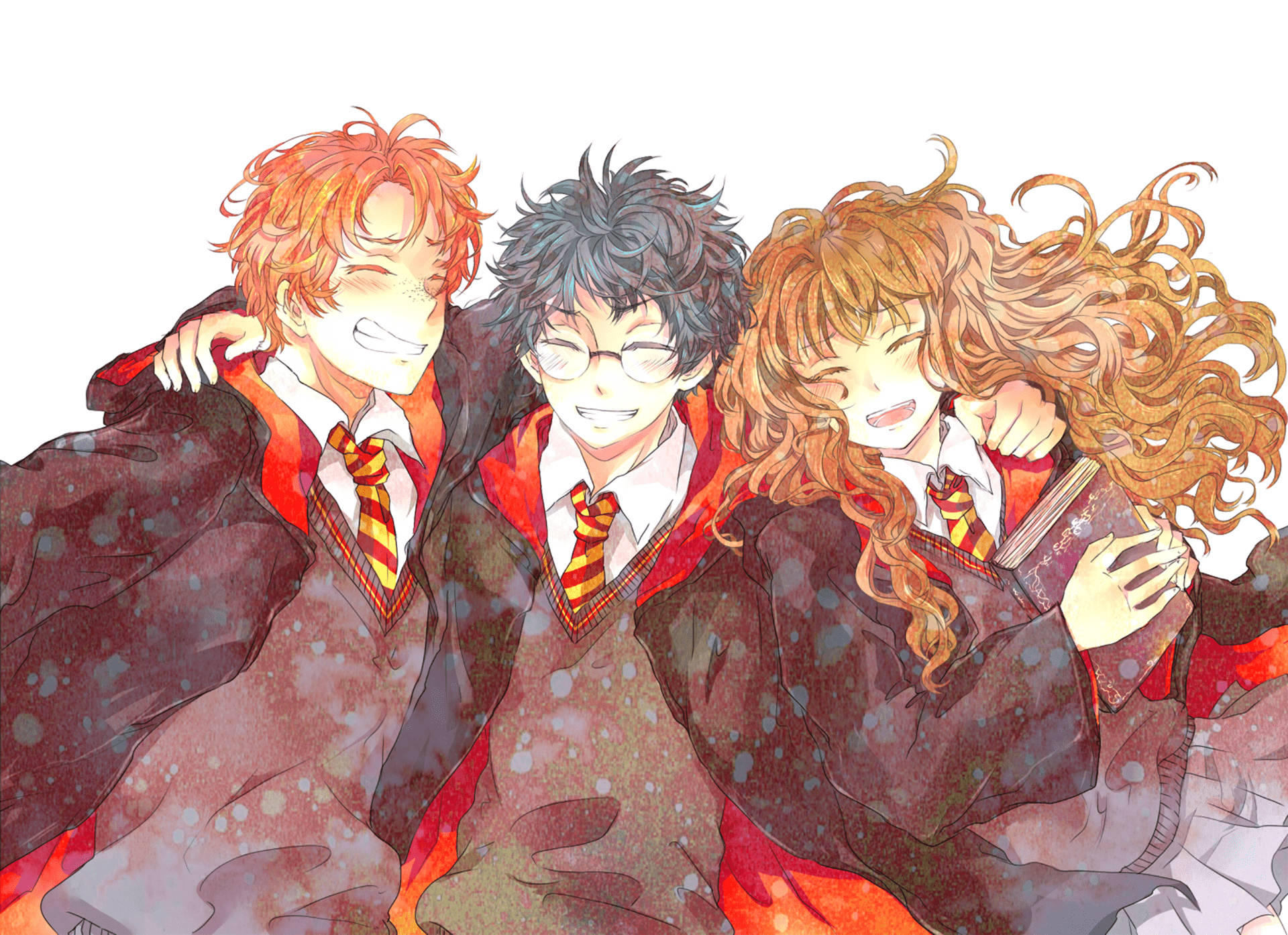 Hermione Granger, Harry Potter, and Ron Weasley enjoying a day at Hogwarts Wallpaper