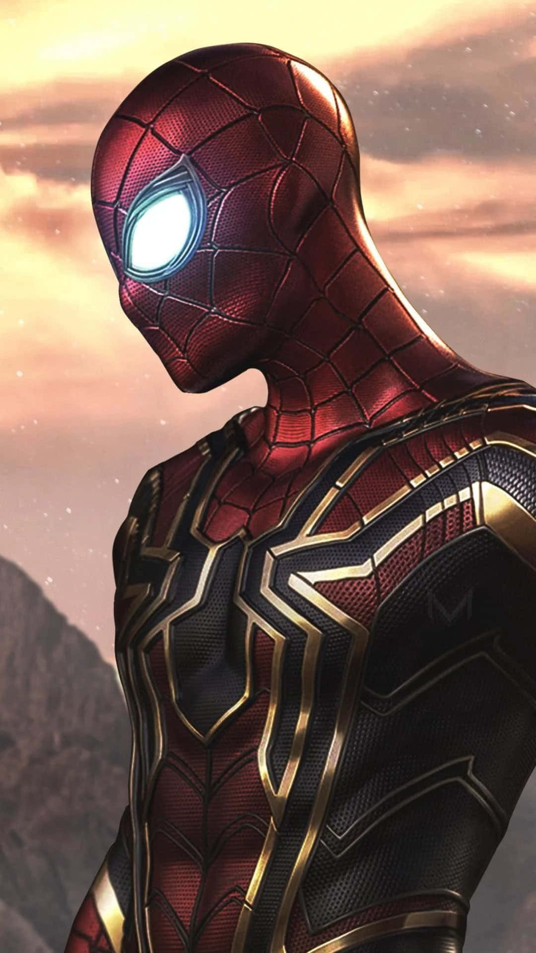 Spider Man In A Red Suit Standing In Front Of A Mountain
