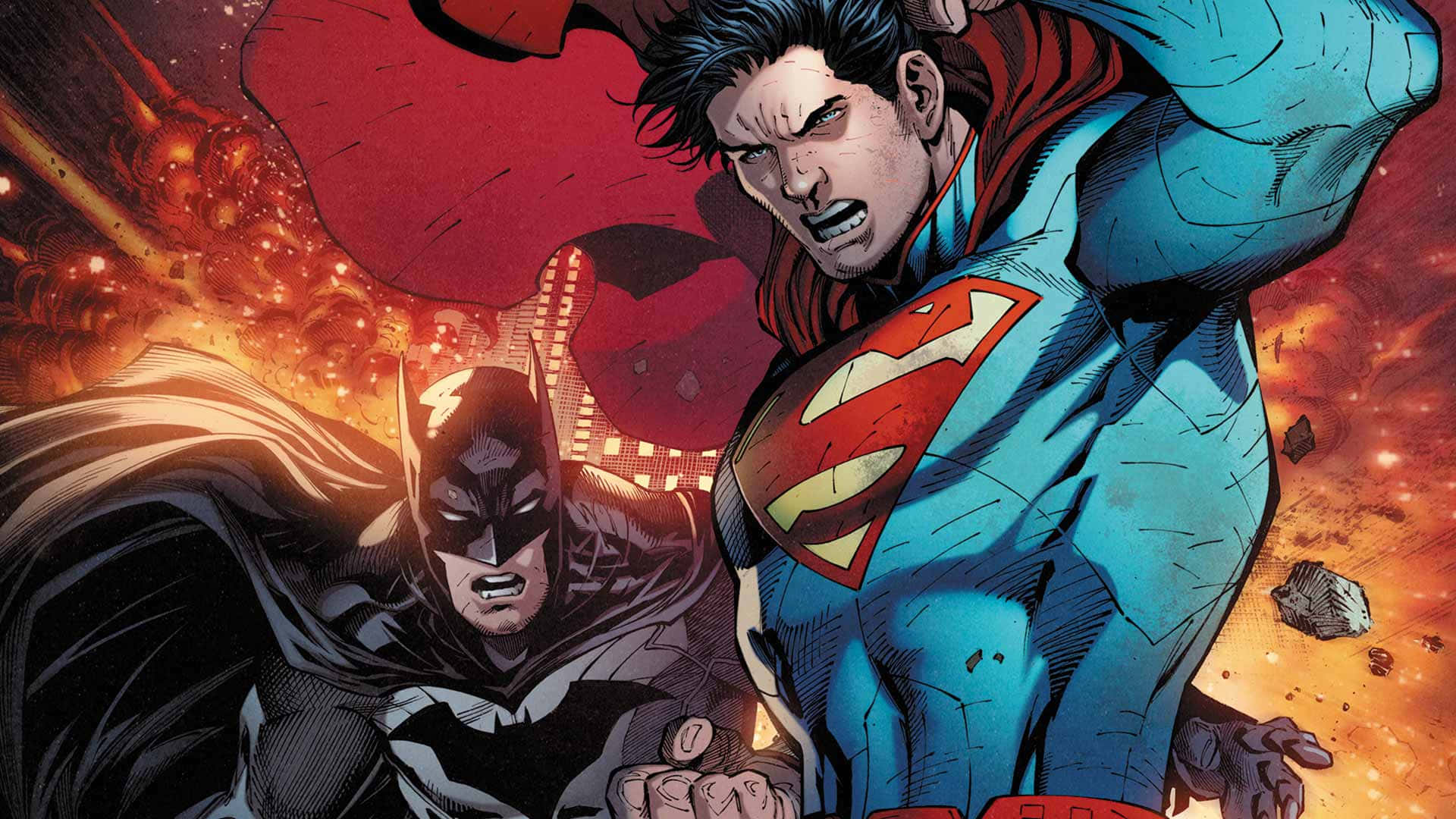 Supermane Batman Che Combattono Di Fronte Al Fuoco.