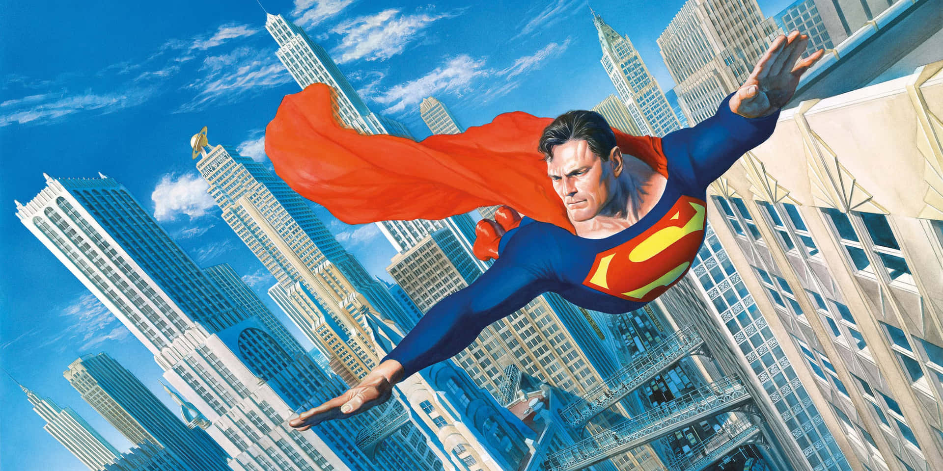 Supermanflyger Över En Stad Med Byggnader.