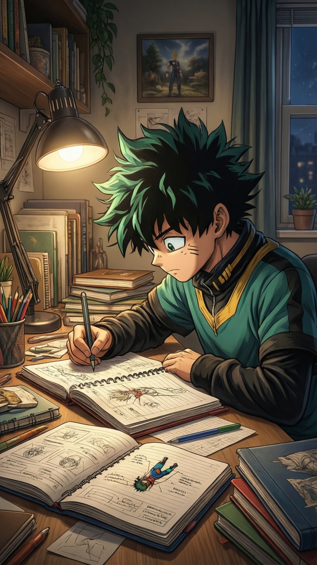 Deku studerar intensivt hjälteanalys i sitt mysiga rum.