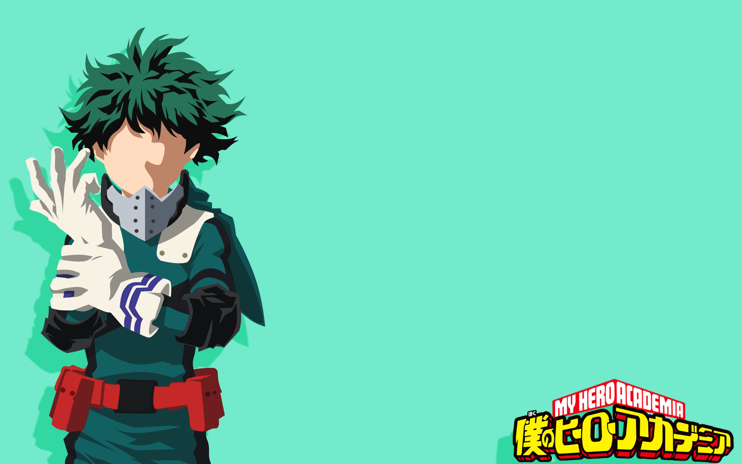 Superhero on a mission Background — Anime character with spiky green hair and white gloves stands against a solid teal background with show logo.