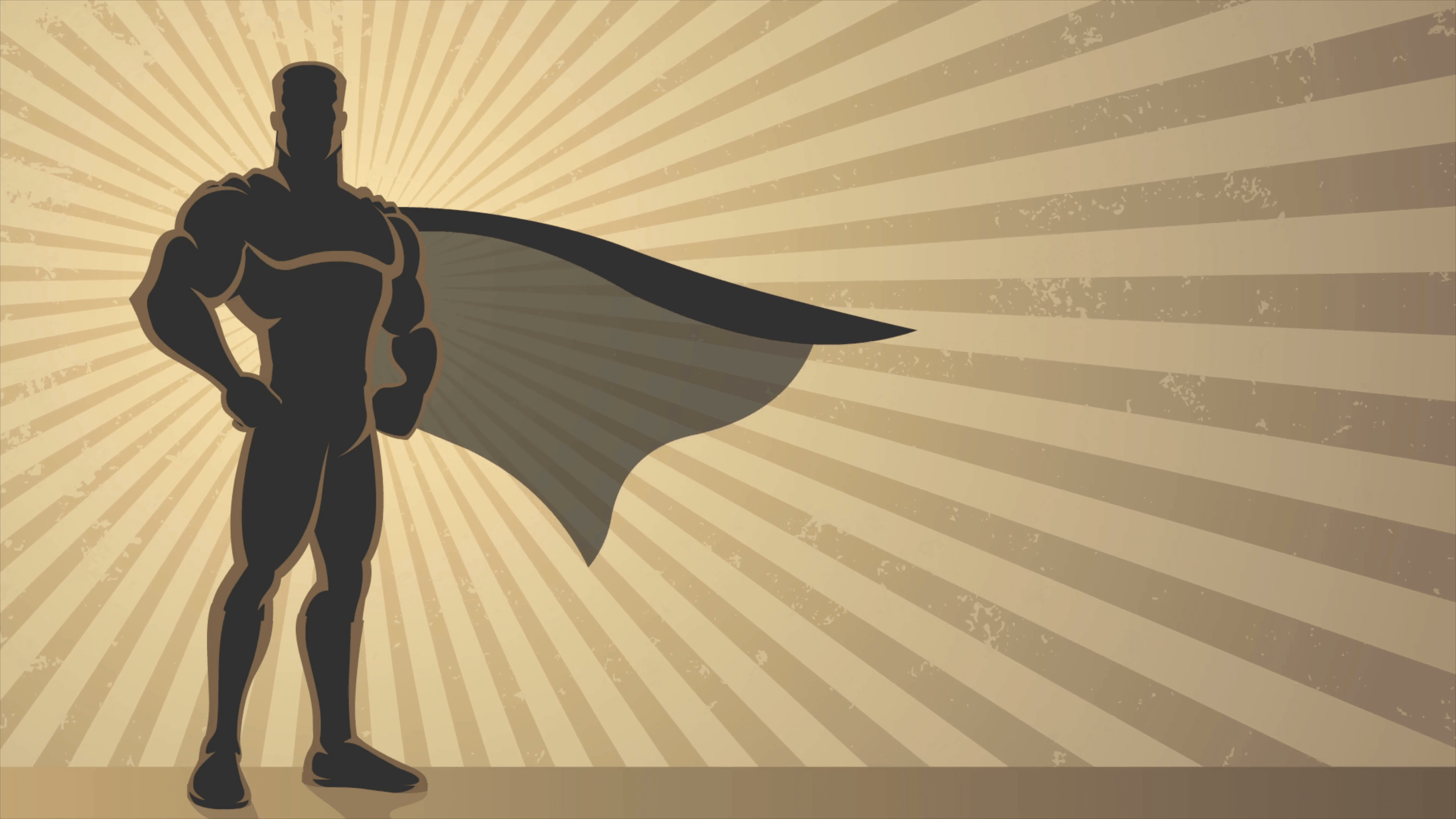 A superhero flies against a mysterious blue sky Background — A bold superhero silhouette stands confidently against a vintage sunburst background with radiating stripes.