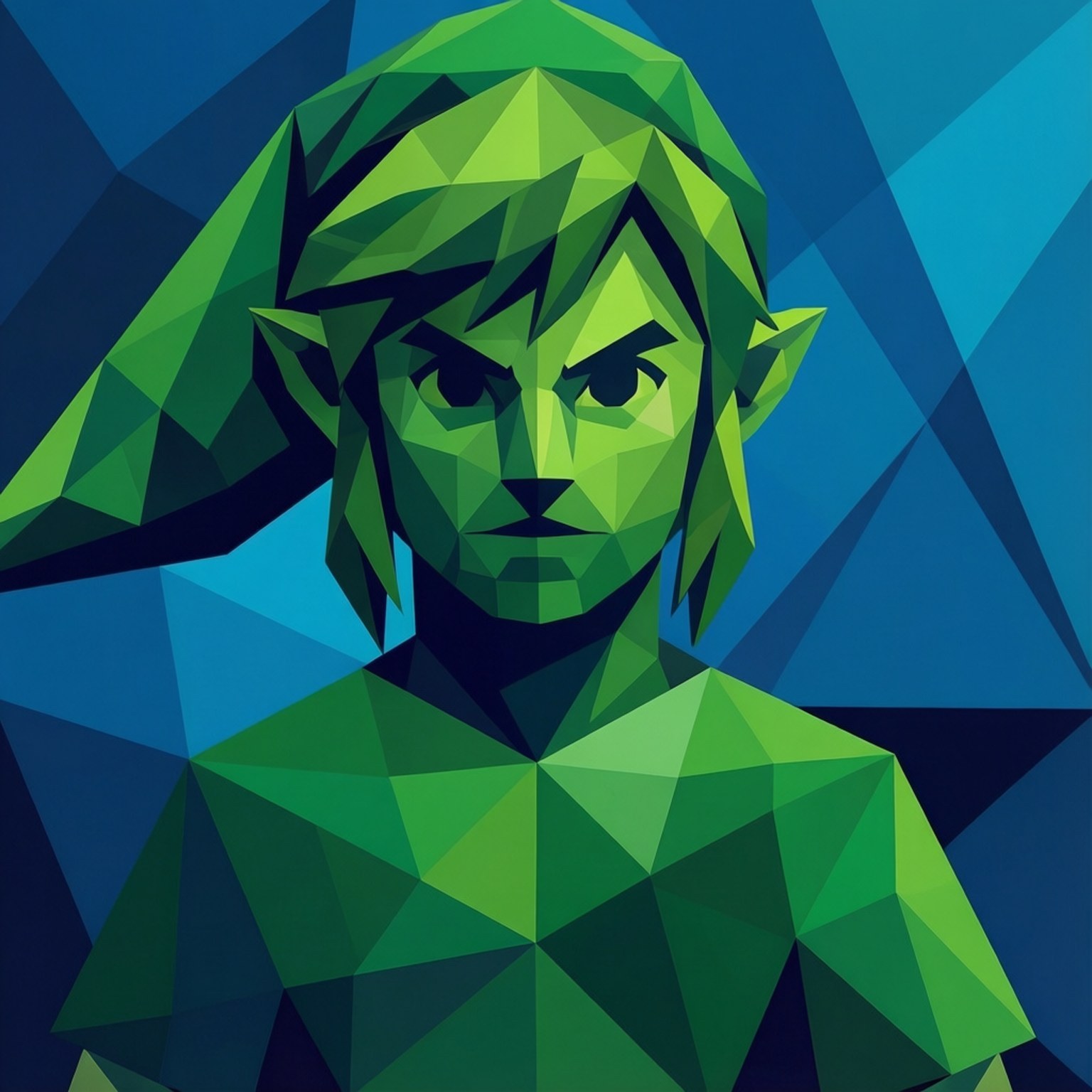 Geometric Hero Wallpaper — A stylized green polygonal portrait of Link from Zelda with sharp geometric facets against a blue angular background.