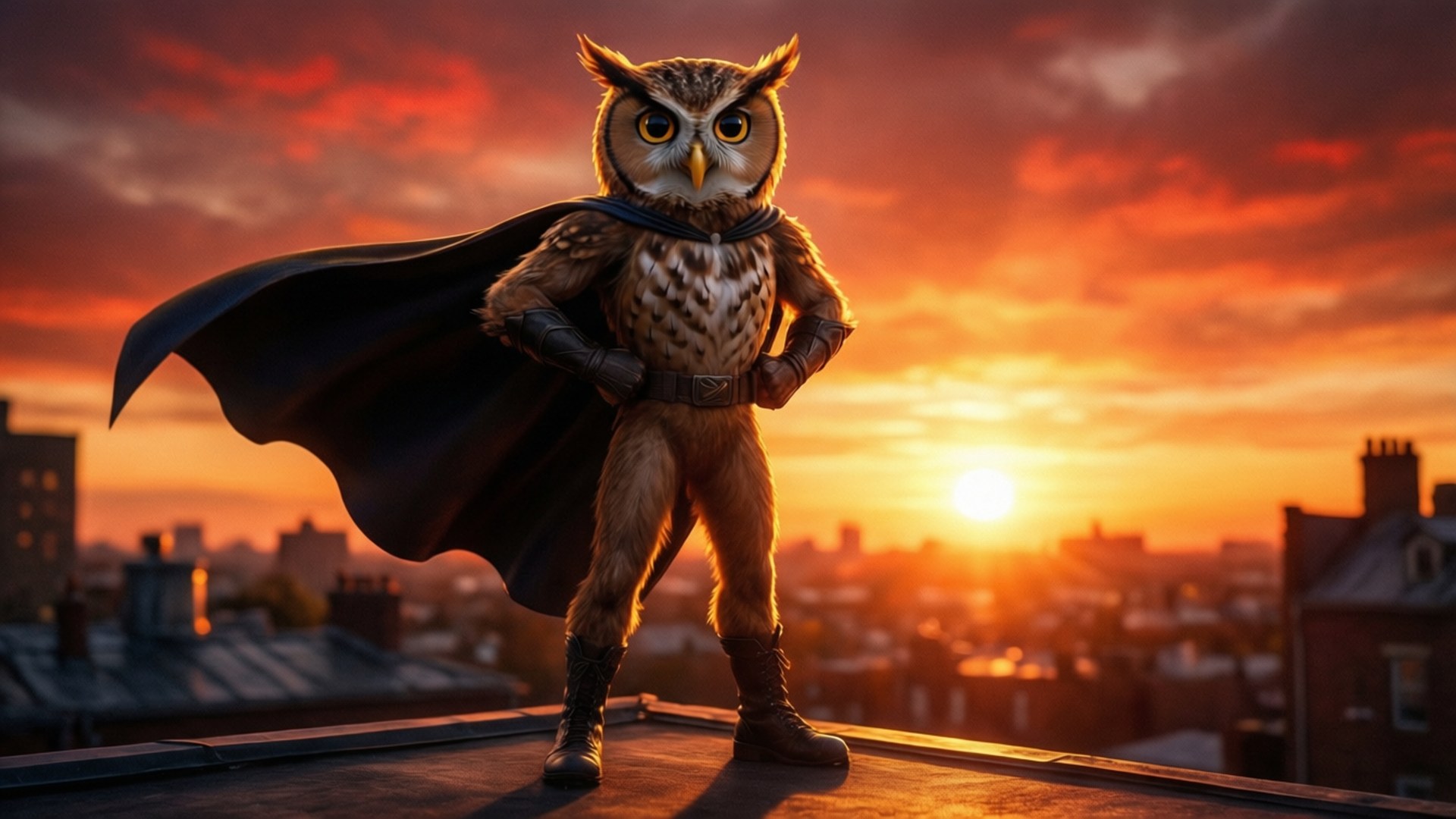 Heroisk Dawn Owlette Bakgrunner — Owlette poserer på et tak ved soloppgang med kappen flytende