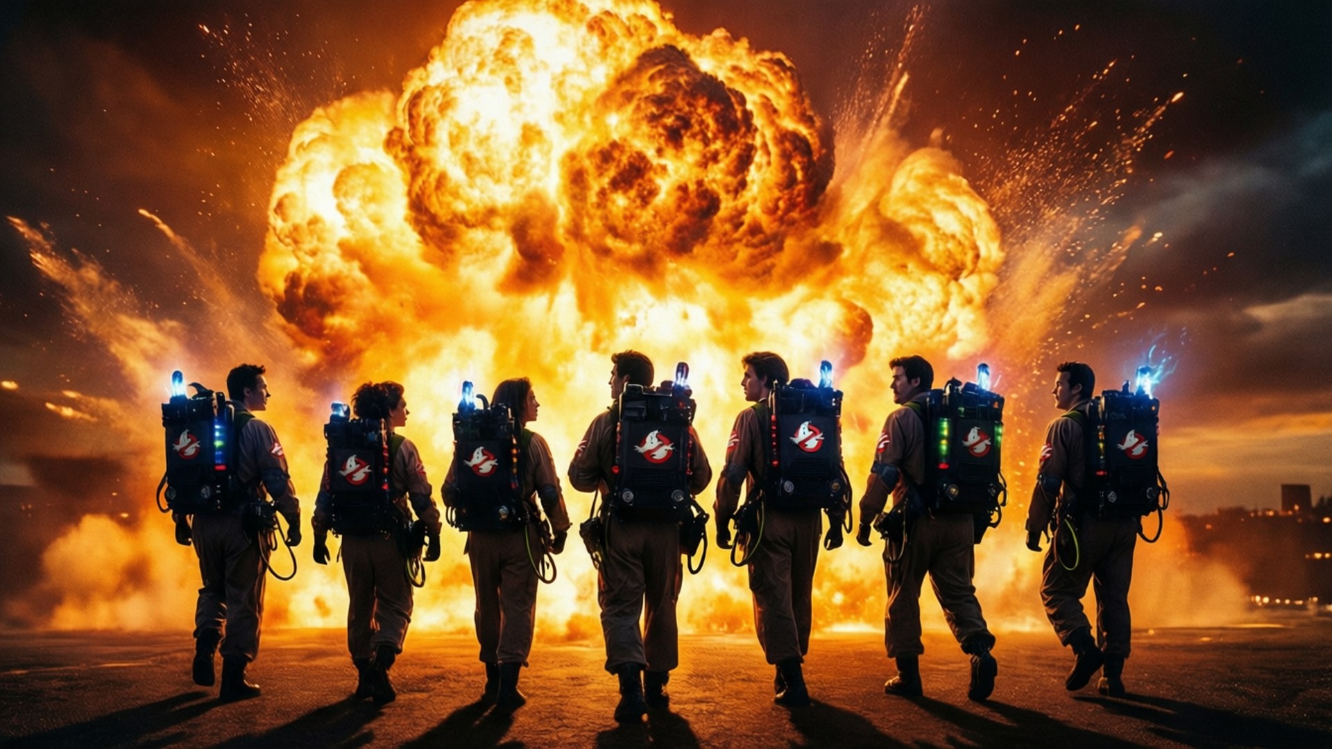 Ghostbusters silhuettert mot eksplosjon i dramatisk scene