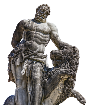 Heroic Figureand Lion Statue PNG