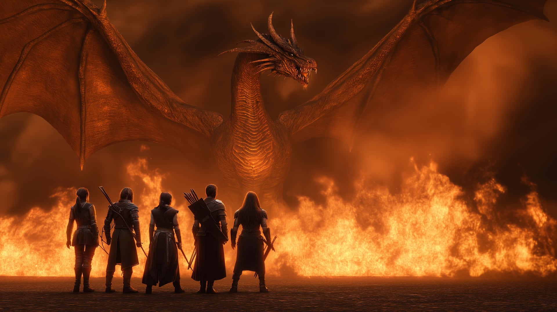 Heroic Party Confronts Fiery Dragon In Epic Fantasy Wallpaper