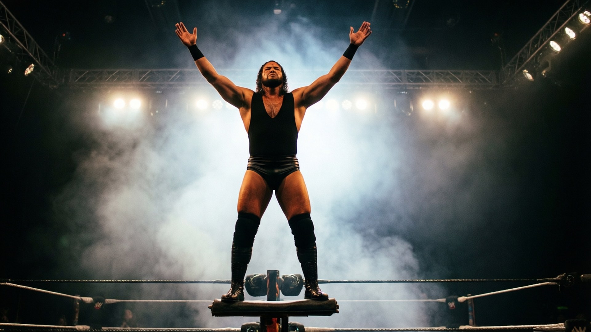 AEW-bryder heroisk på turnbuckle med scenelys, silhuet.