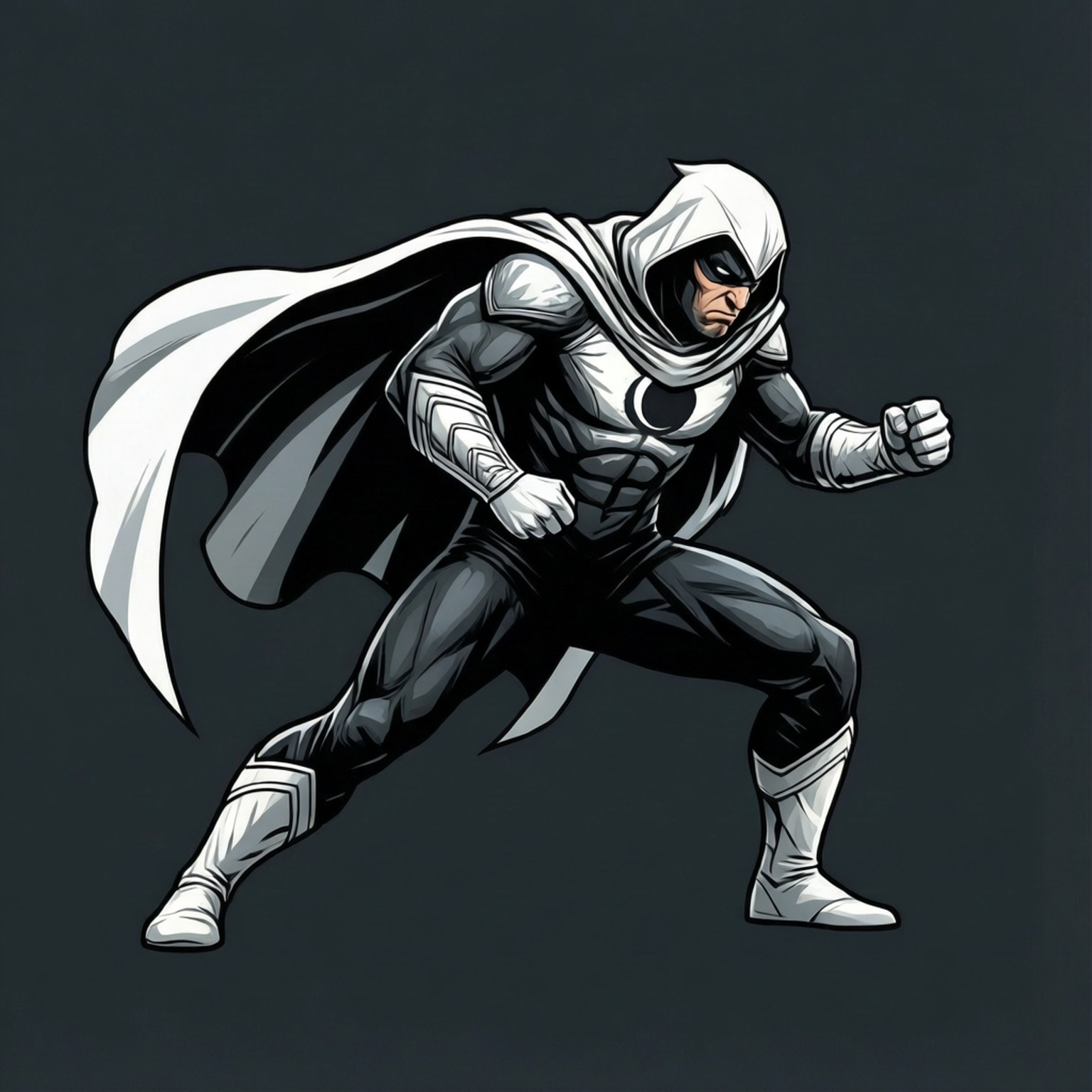 Minimalistisk Moon Knight i kampställning med flytande mantel.