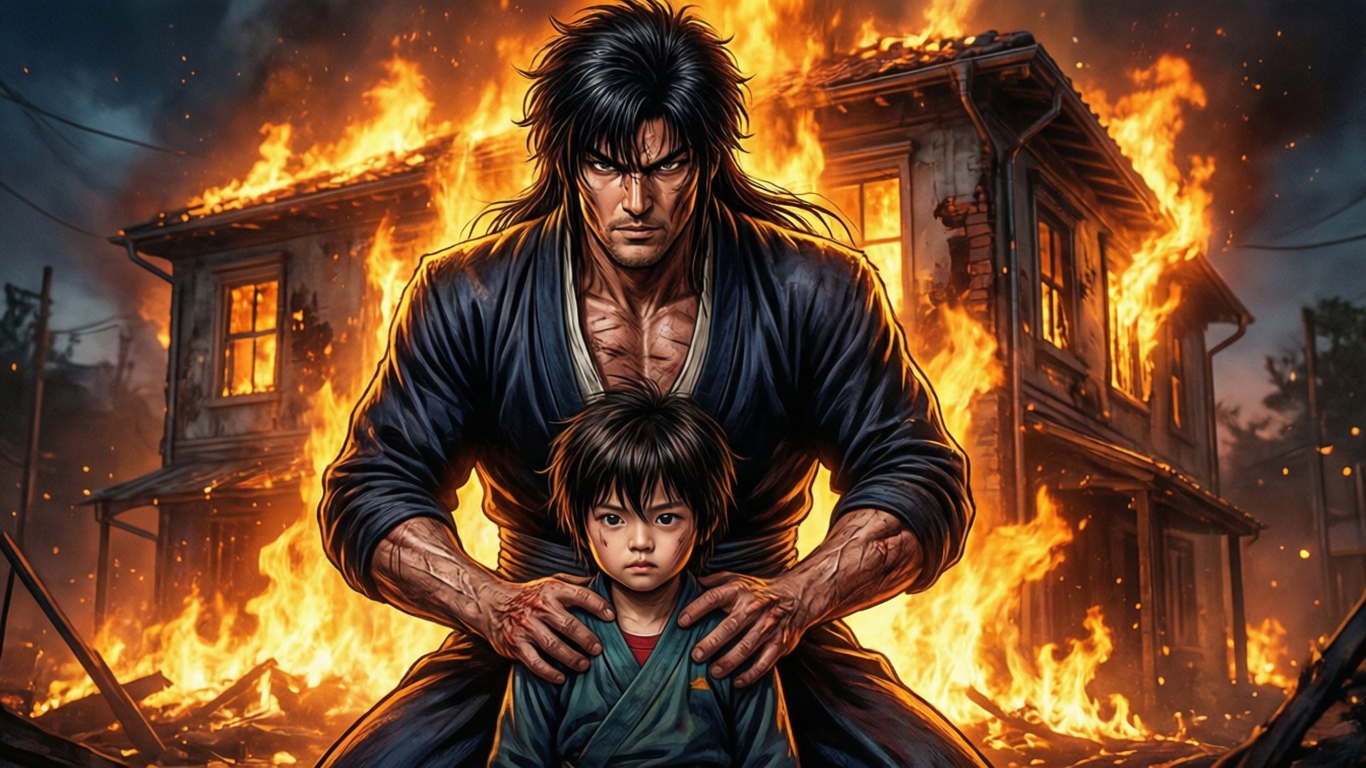 Sanosuke Sagara som heroisk beskytter et barn foran en brennende bygning, tegneseriestil.