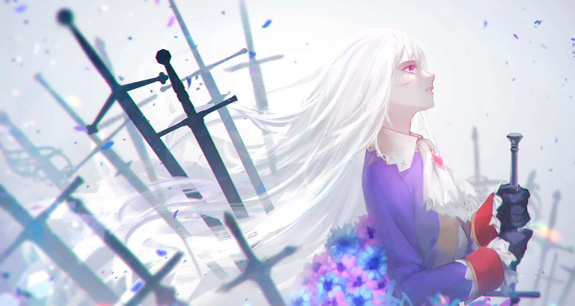 a girl with long white hair is holding swords Wallpaper