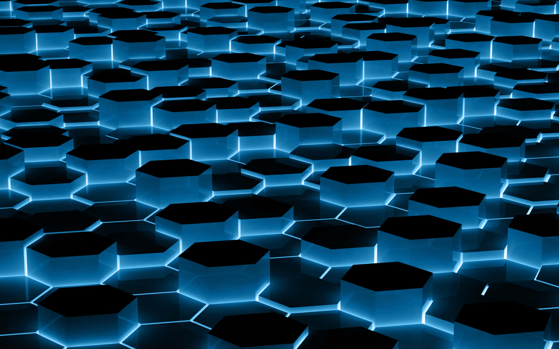 A vibrant blue and orange-hued hexagonal pattern on a dark background.