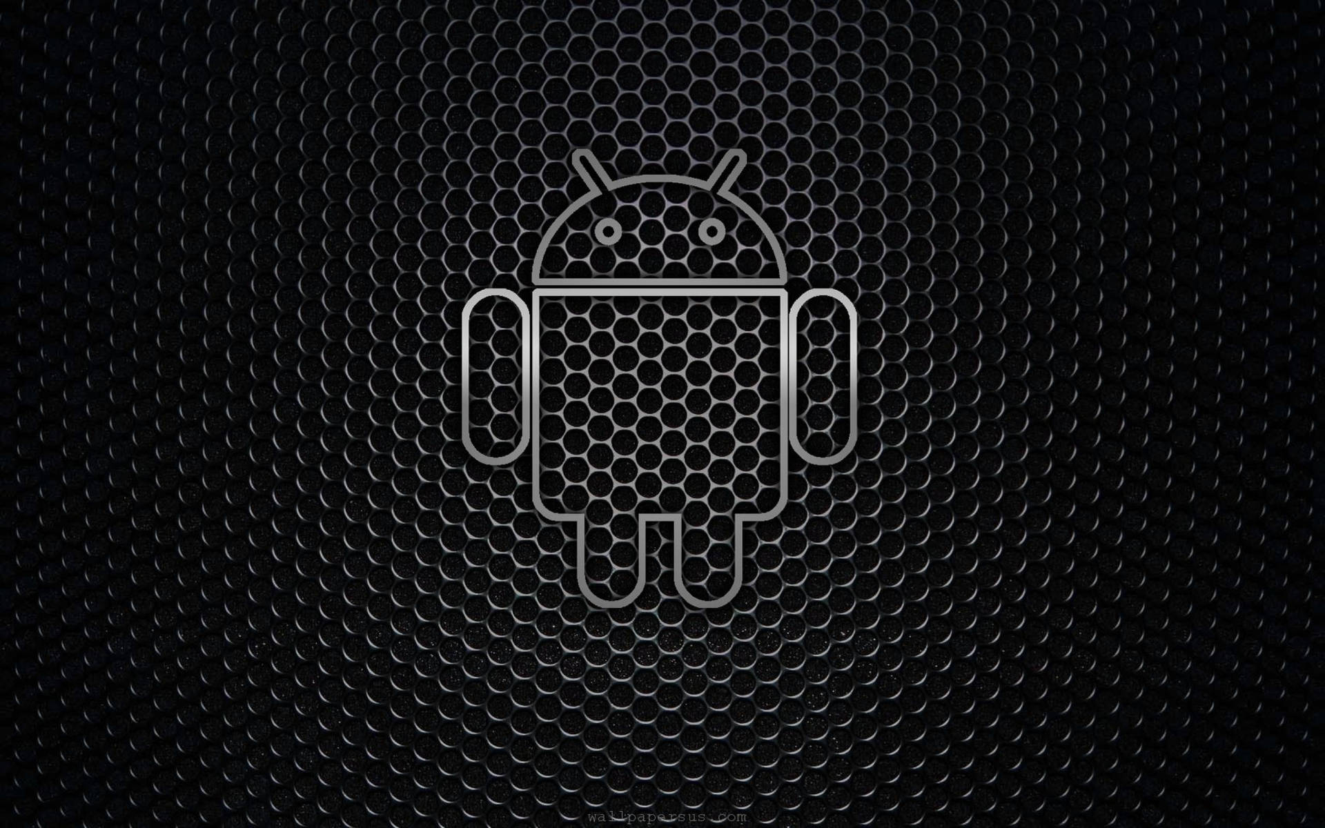 The Android robot stands surrounded by a hexagonal mesh Wallpaper