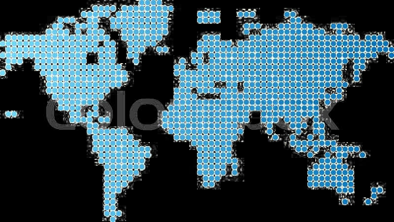 World map made of blue dots on black background