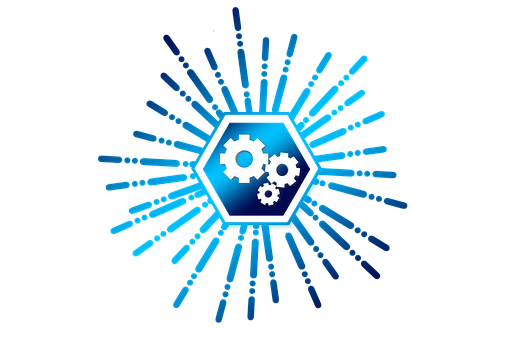 Blue hexagonal gear symbol radiating light beams on black background