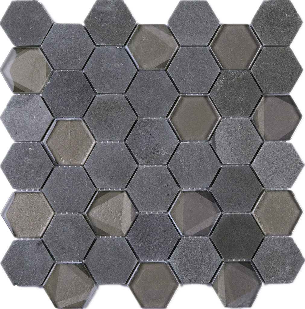 Hexagonal Tile Pattern Texture PNG — Hexagonal gray stone mosaic tiles with subtle sheen and varied tones arranged in a repeating geometric pattern.