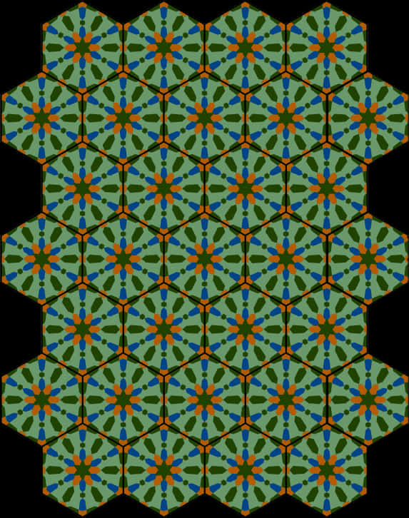 Motif répétitif de carreaux hexagonaux avec un motif floral dans des tons de vert, bleu et orange.