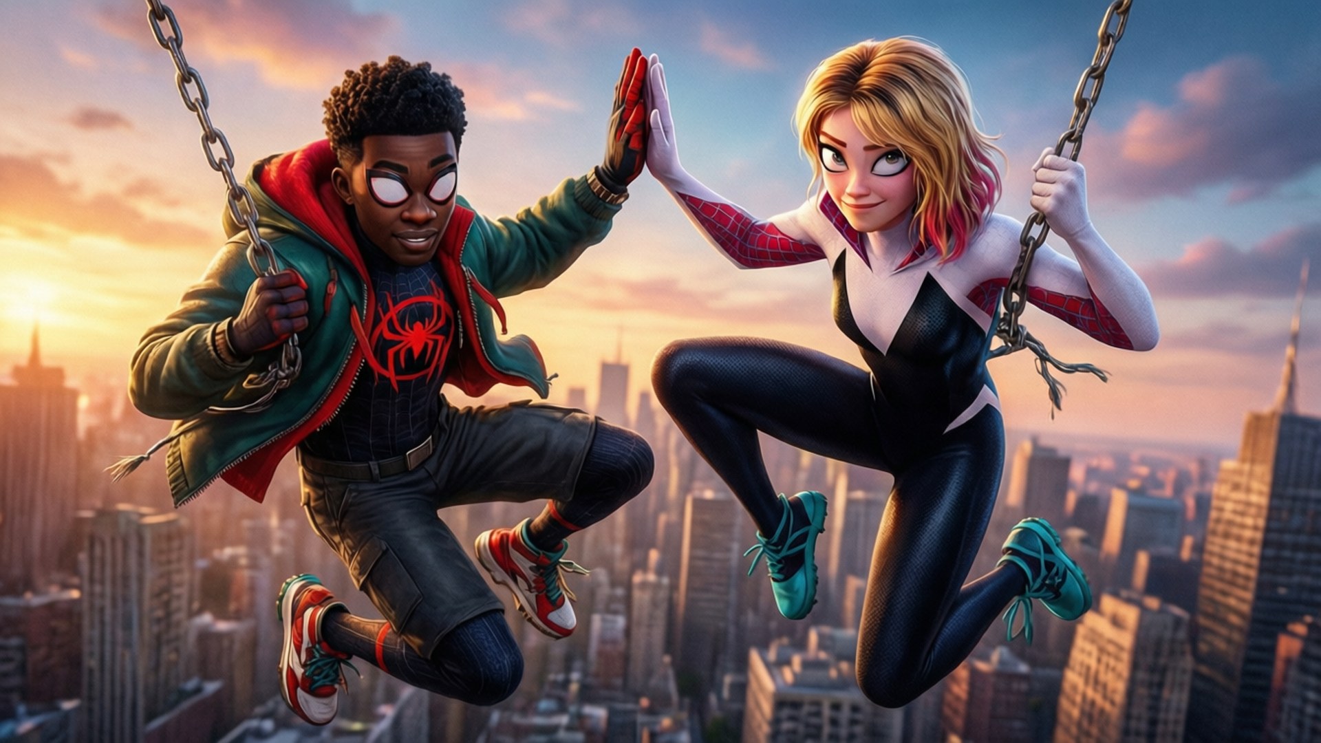 Miles dan Gwen saling high-five sambil berayun di cakrawala kota.