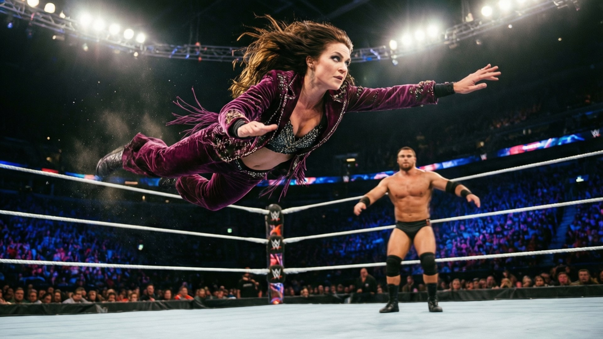 Velveteen Dream voert een vliegende clothesline uit in de ring met bewegingsonscherpte.