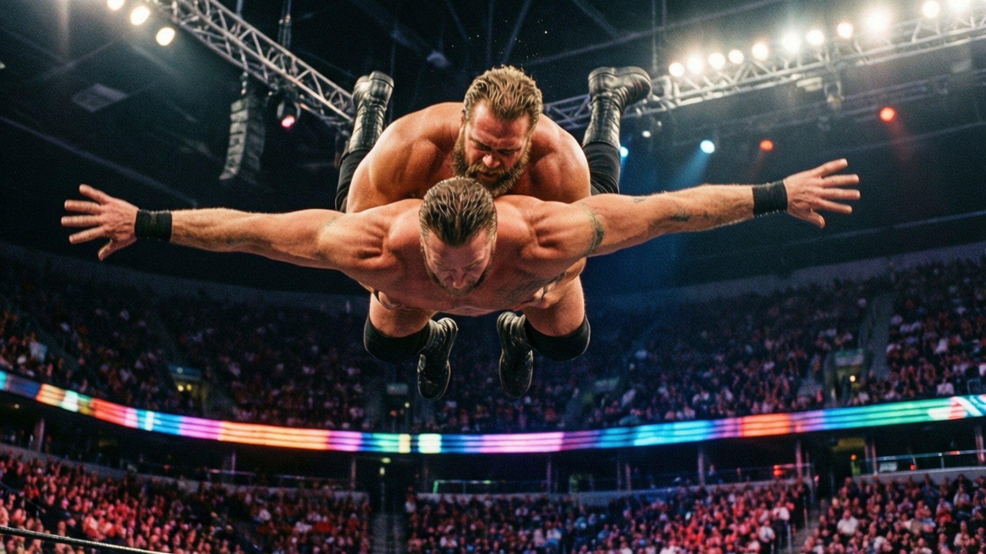 Jay Lethal utfører en crossbody fra topptauet i en elektrifiserende arena.