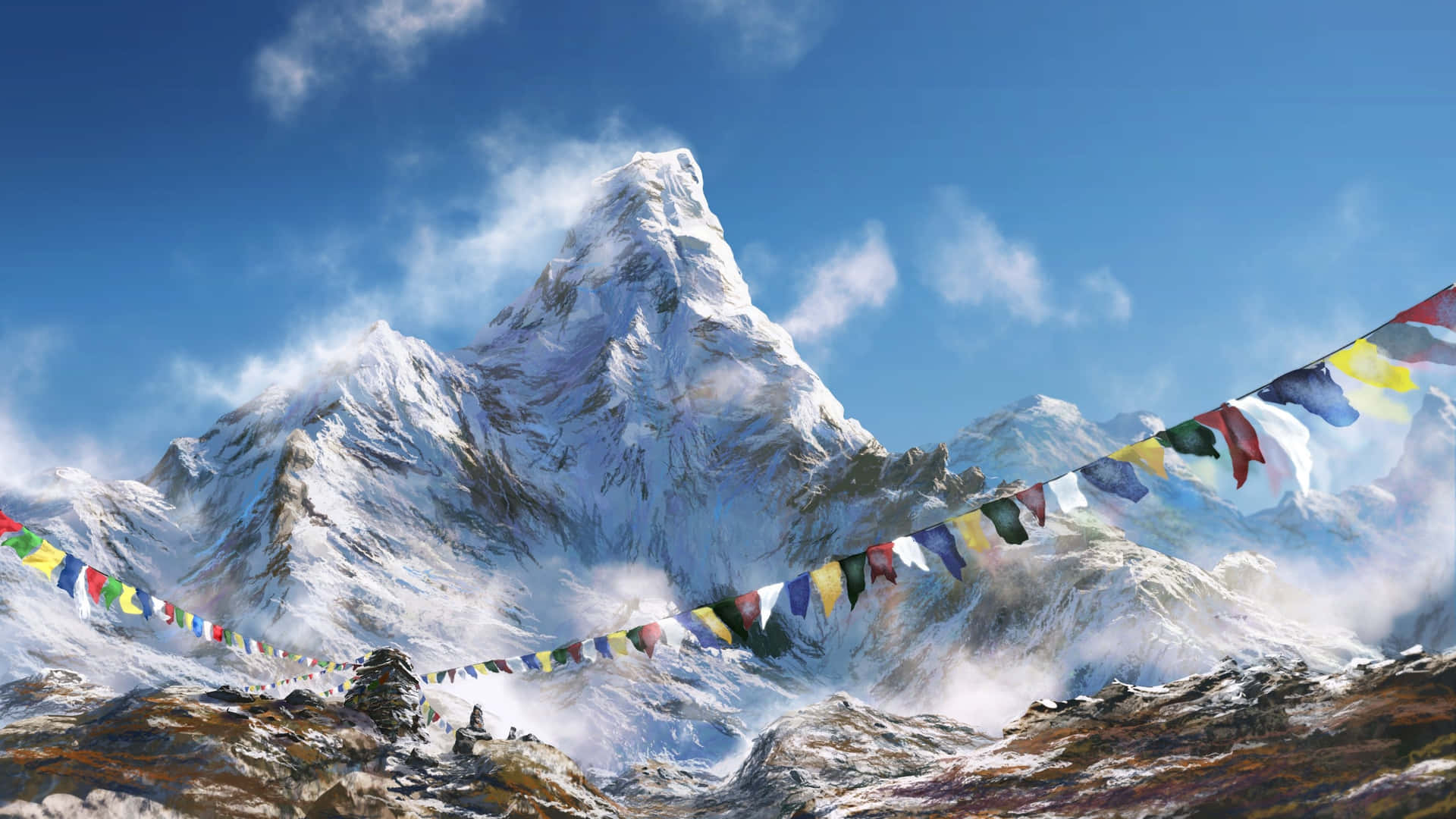 A Mountain Scene With Prayer Flags And Snow