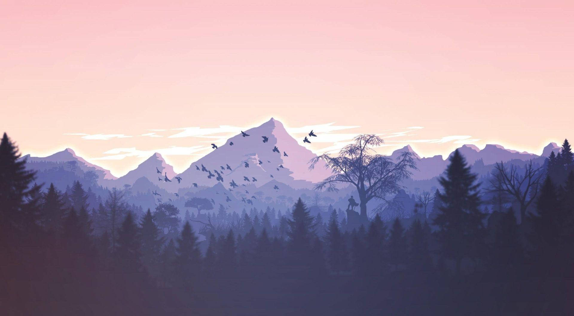High Res Purple Mountain With Birds Wallpaper